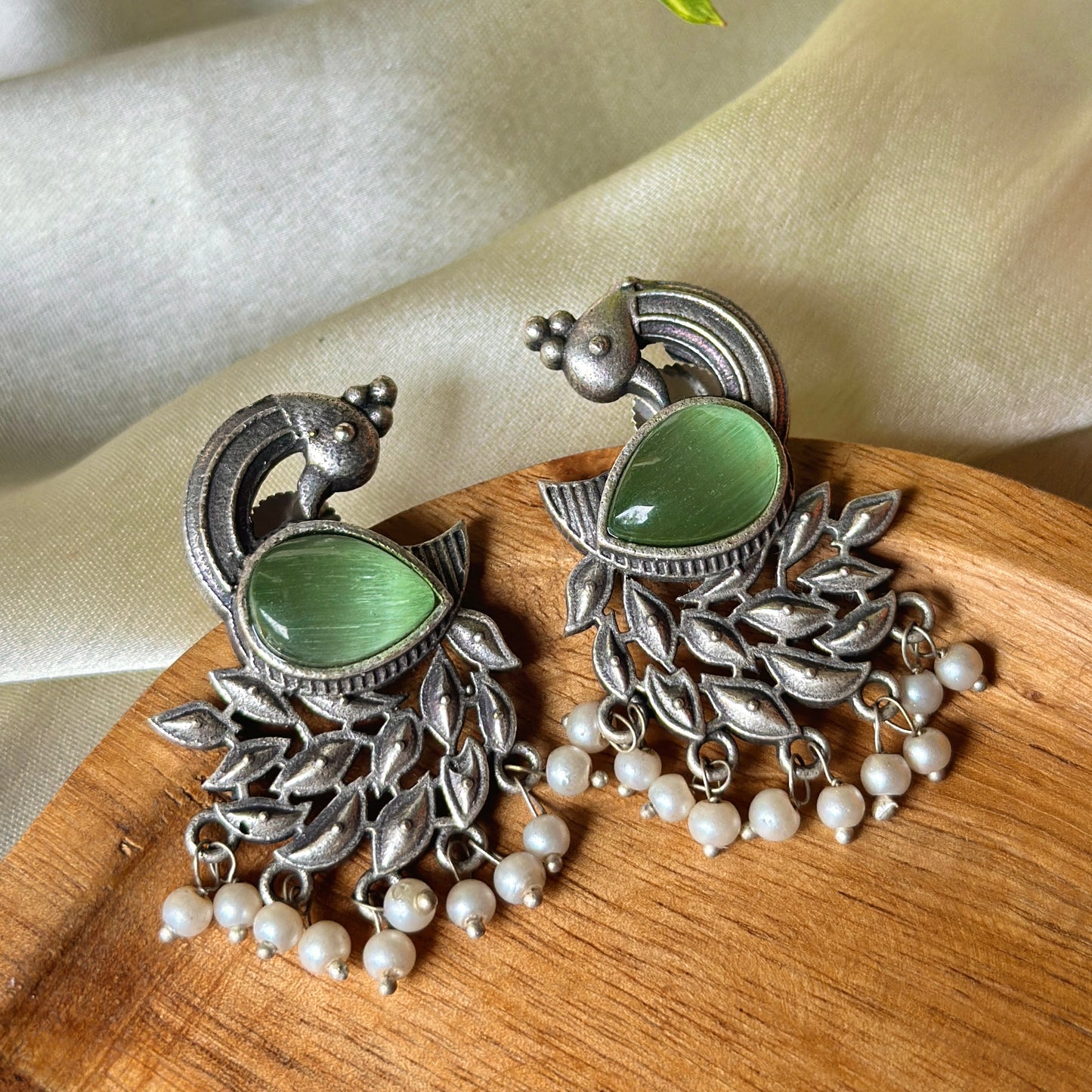 Peacock Monalisa Stone Silver Earrings - Bloom - By Sushmita
