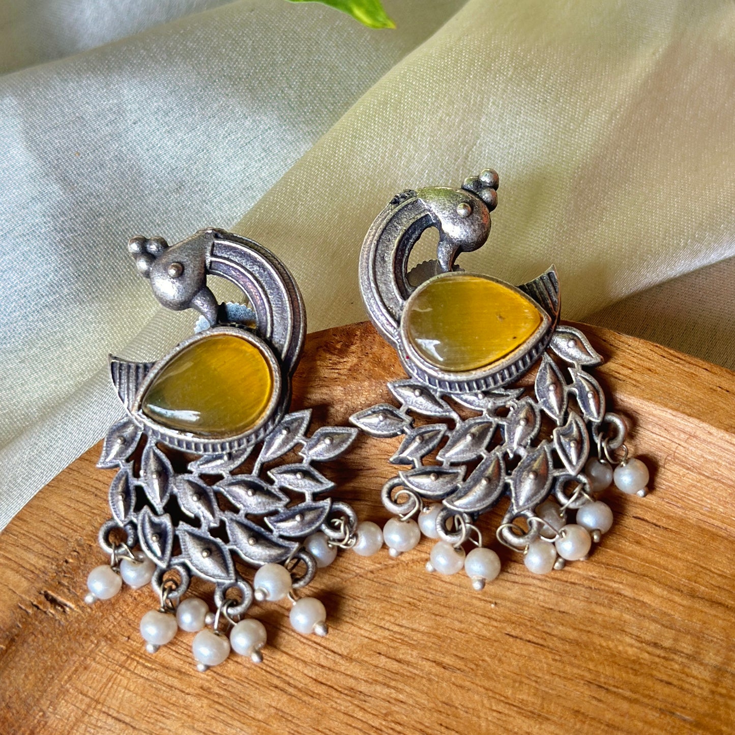 Peacock Monalisa Stone Silver Earrings - Bloom - By Sushmita