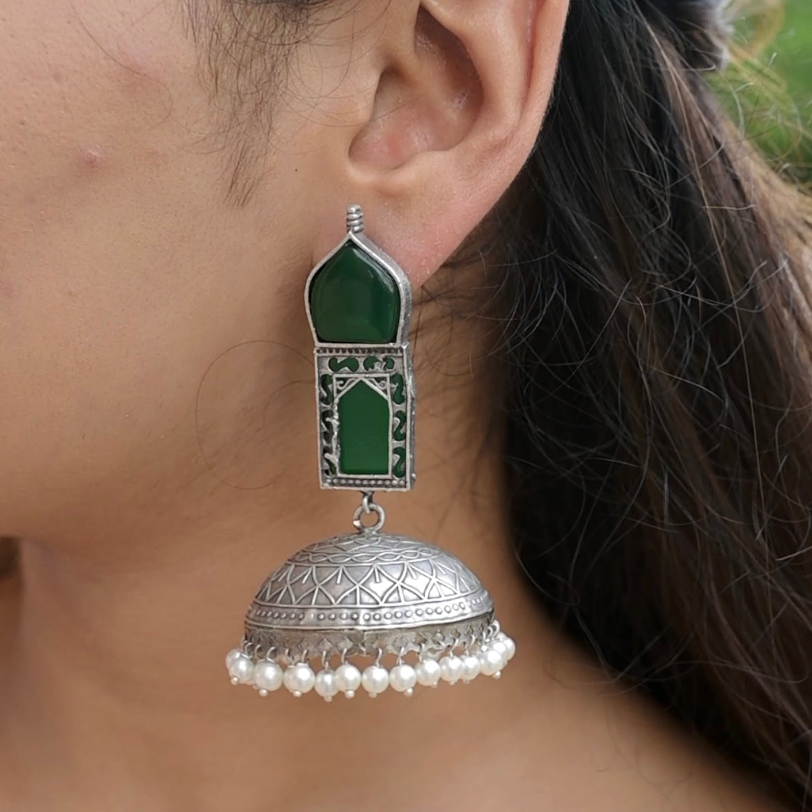 TAJ MAHAL | Monalisa Stone silver Jhumka with white pears n