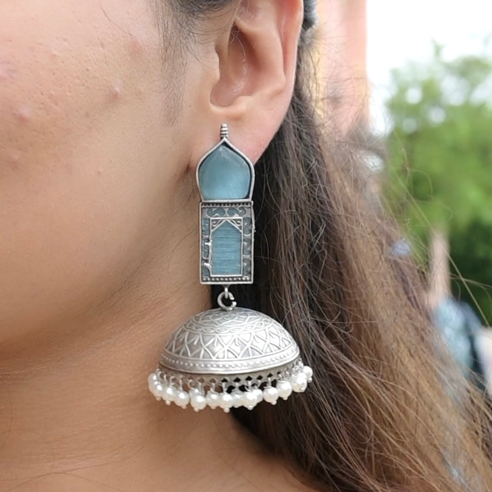 TAJ MAHAL | Monalisa Stone silver Jhumka with white pears n