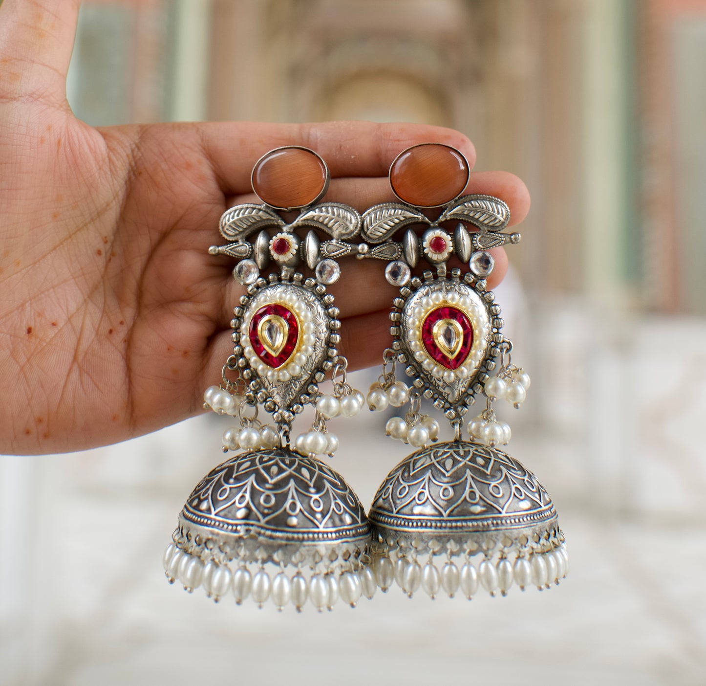 PATRIKA | Monalisa Stone silver Jhumka with white pears