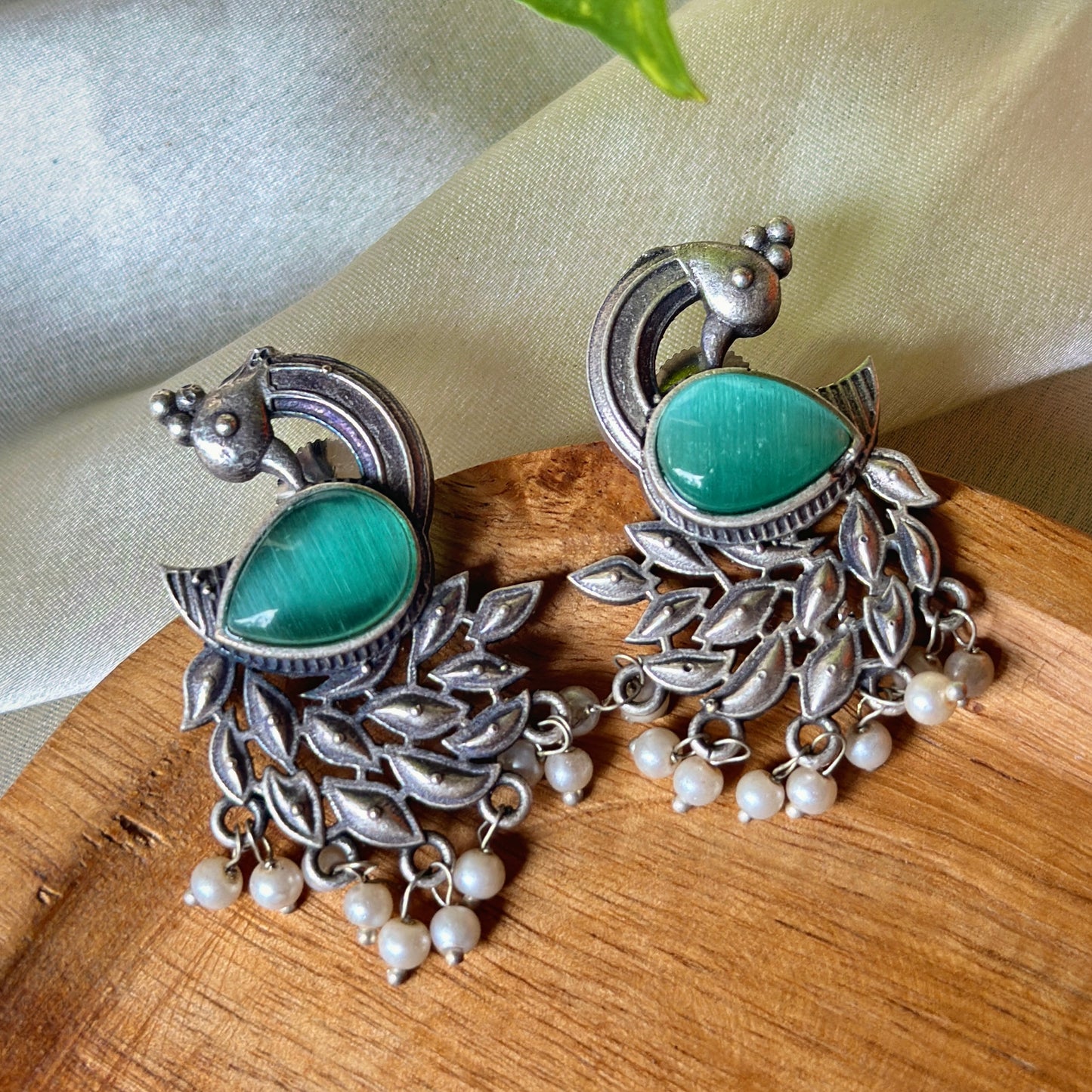 Peacock Monalisa Stone Silver Earrings - Bloom - By Sushmita