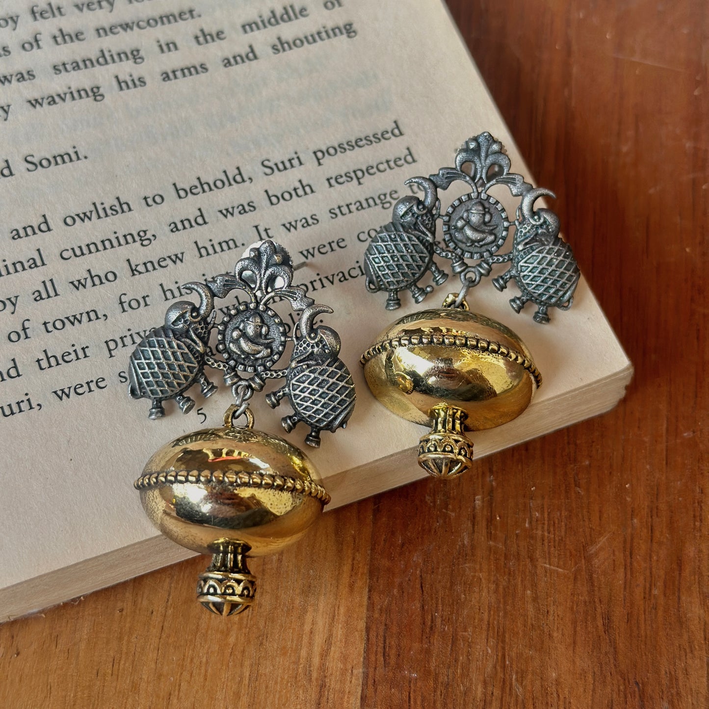 Dual-tone golden silver Ganesha with Elephant Earrings - Bloom - By Sushmita