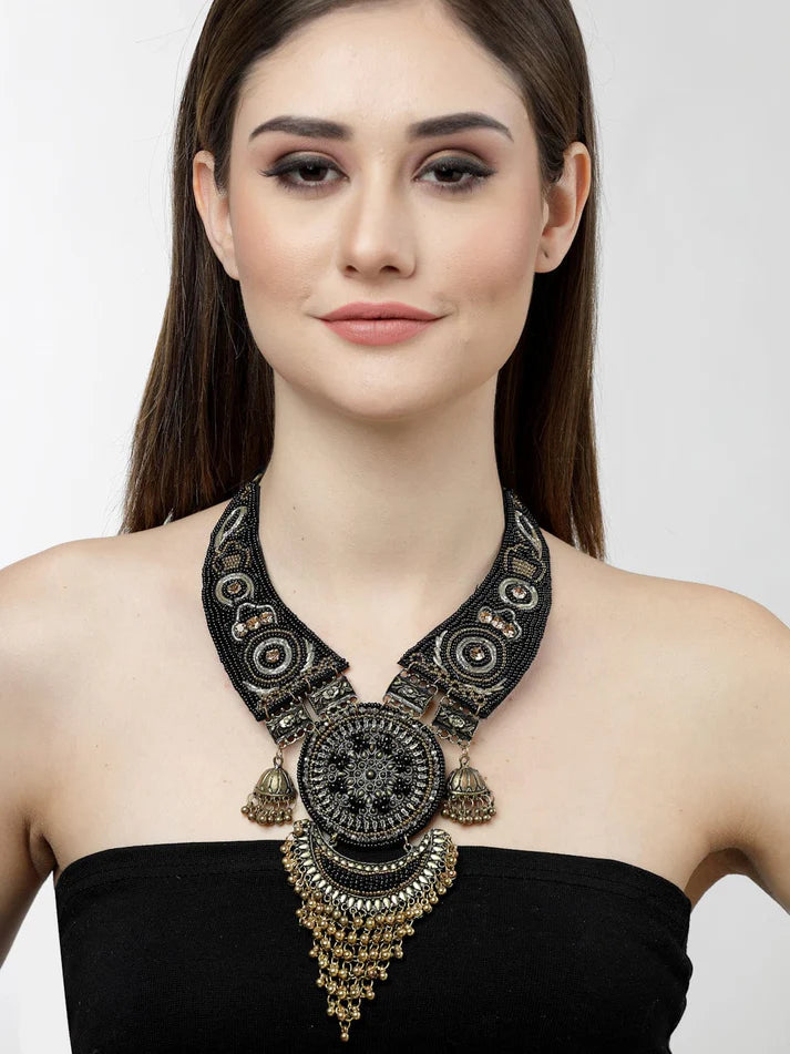 Oxidised Afghan Tasseled Filigree Work Necklace - Bloom - By Sushmita