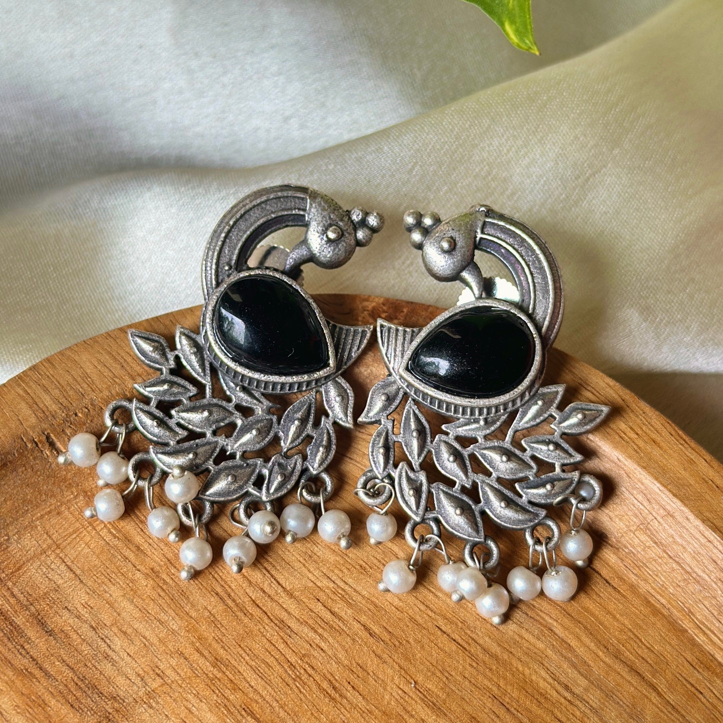 Peacock Monalisa Stone Silver Earrings - Bloom - By Sushmita