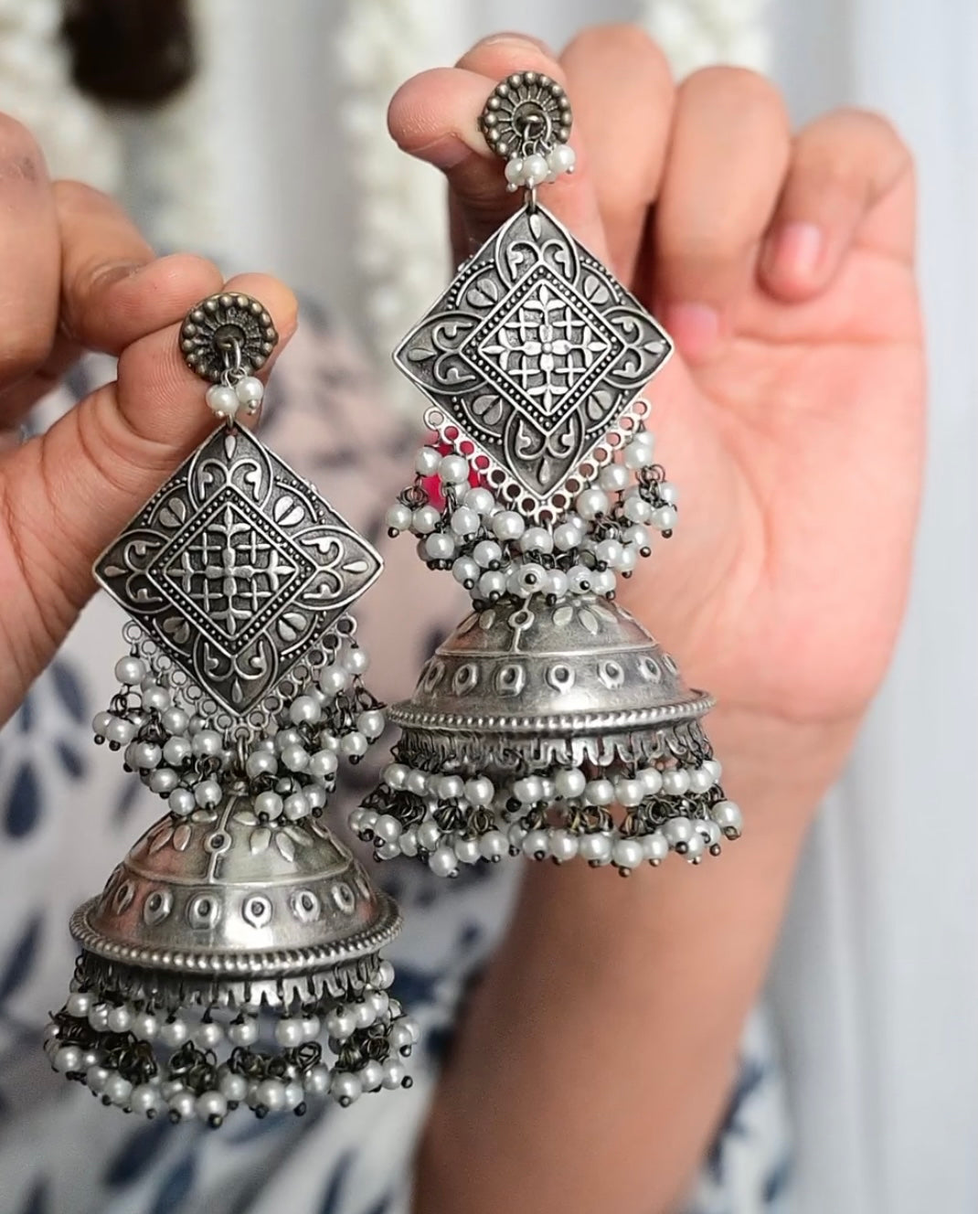 AIRA - Statement Earrings | White pearl Jhumka - Bloom - By Sushmita