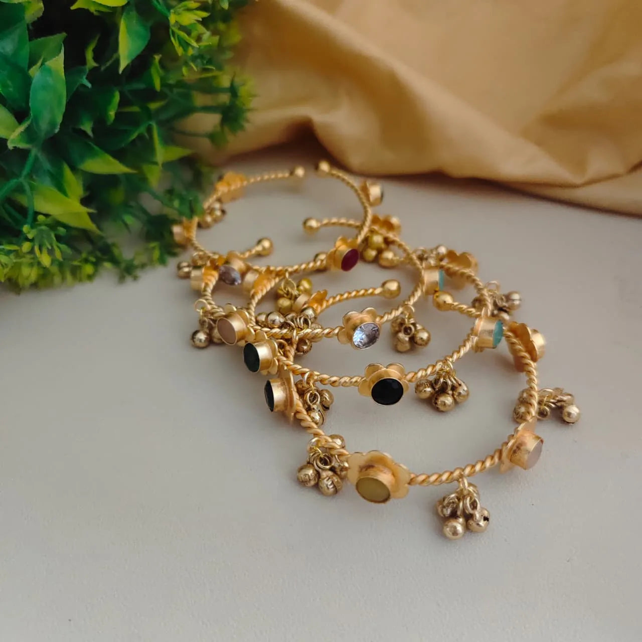 Gold plated Kashmiri ghungroo Bangles / kada with multicolor stones (openable) oxidised German silver Bracelets saree kurta Bloom - By Sushmita India Navratri Diwali Ganpati holi Eid