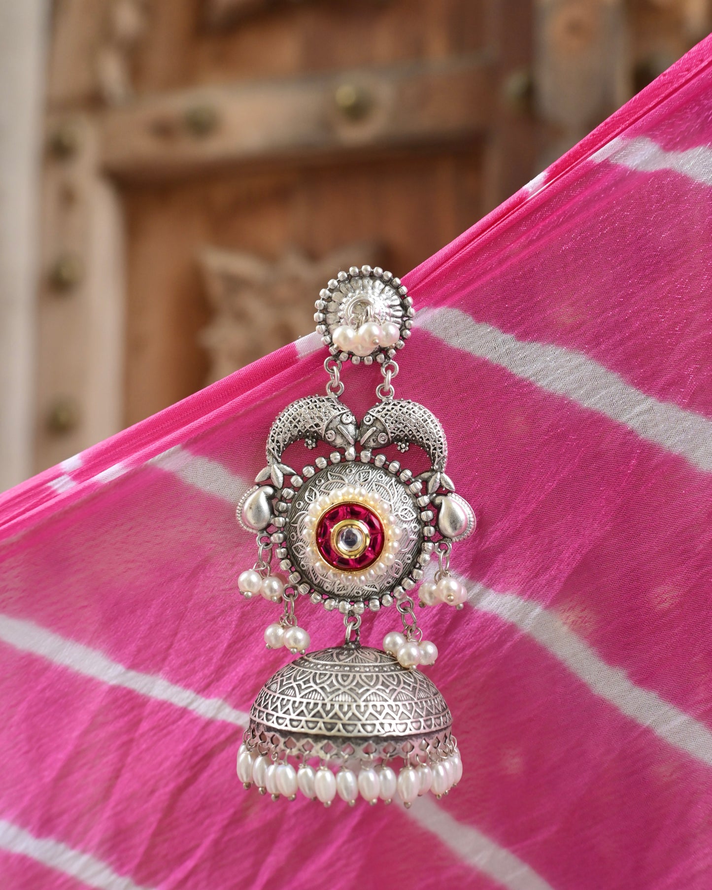 NOOR | silver with white pearl Long Jhumka