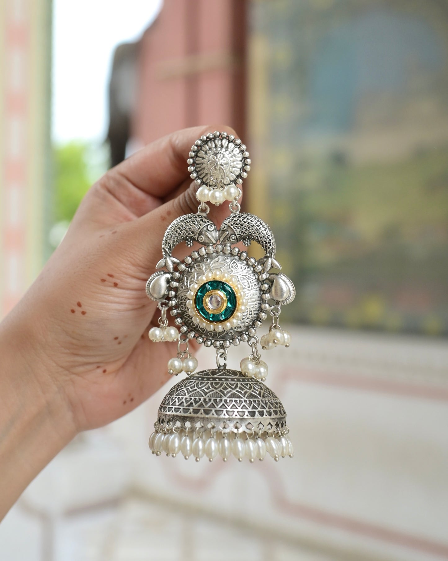 NOOR | silver with white pearl Long Jhumka