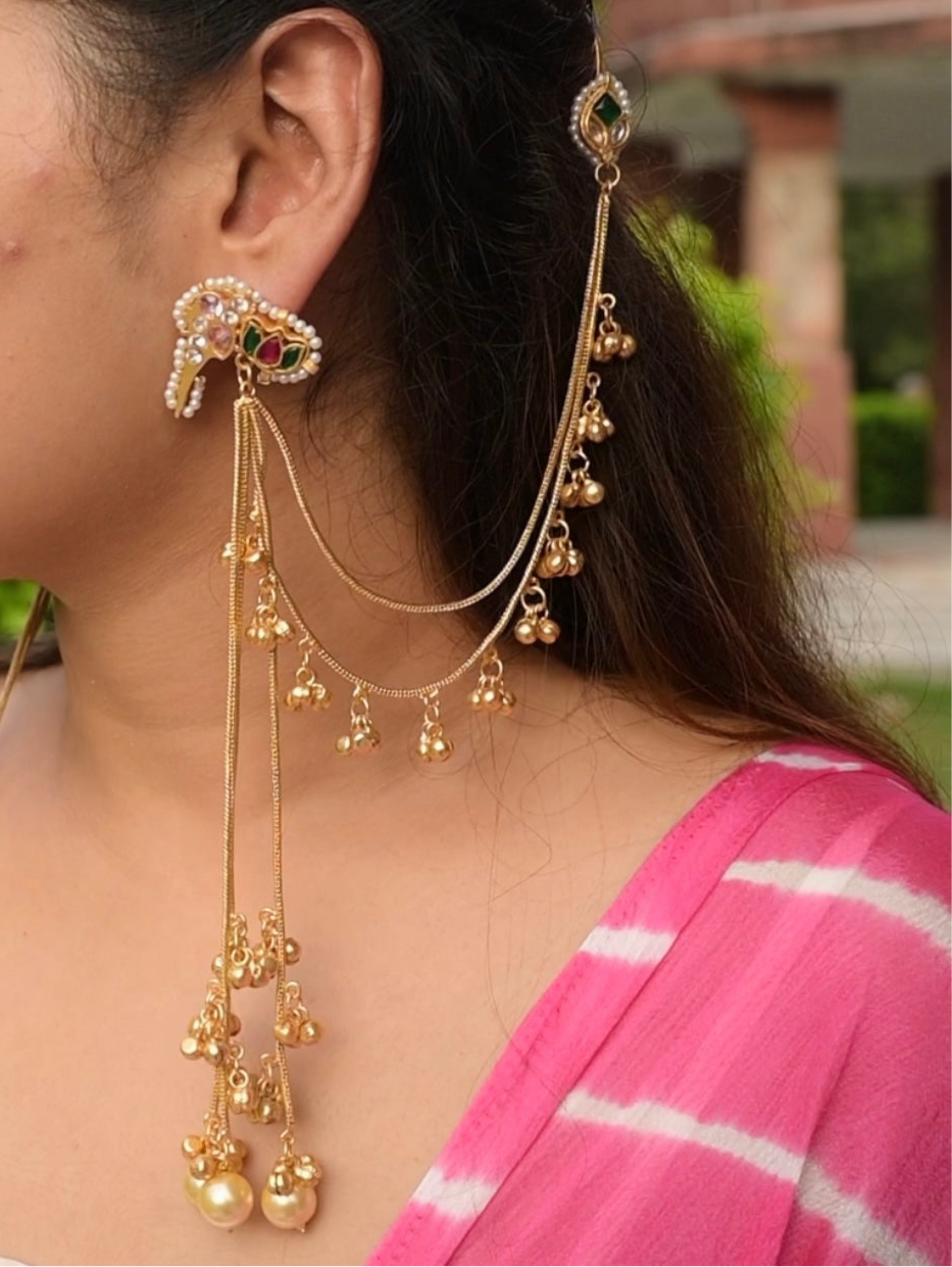 Kashmiri Jhumka with Earchain | Golden Ghungru tassel Jhumka Earringi