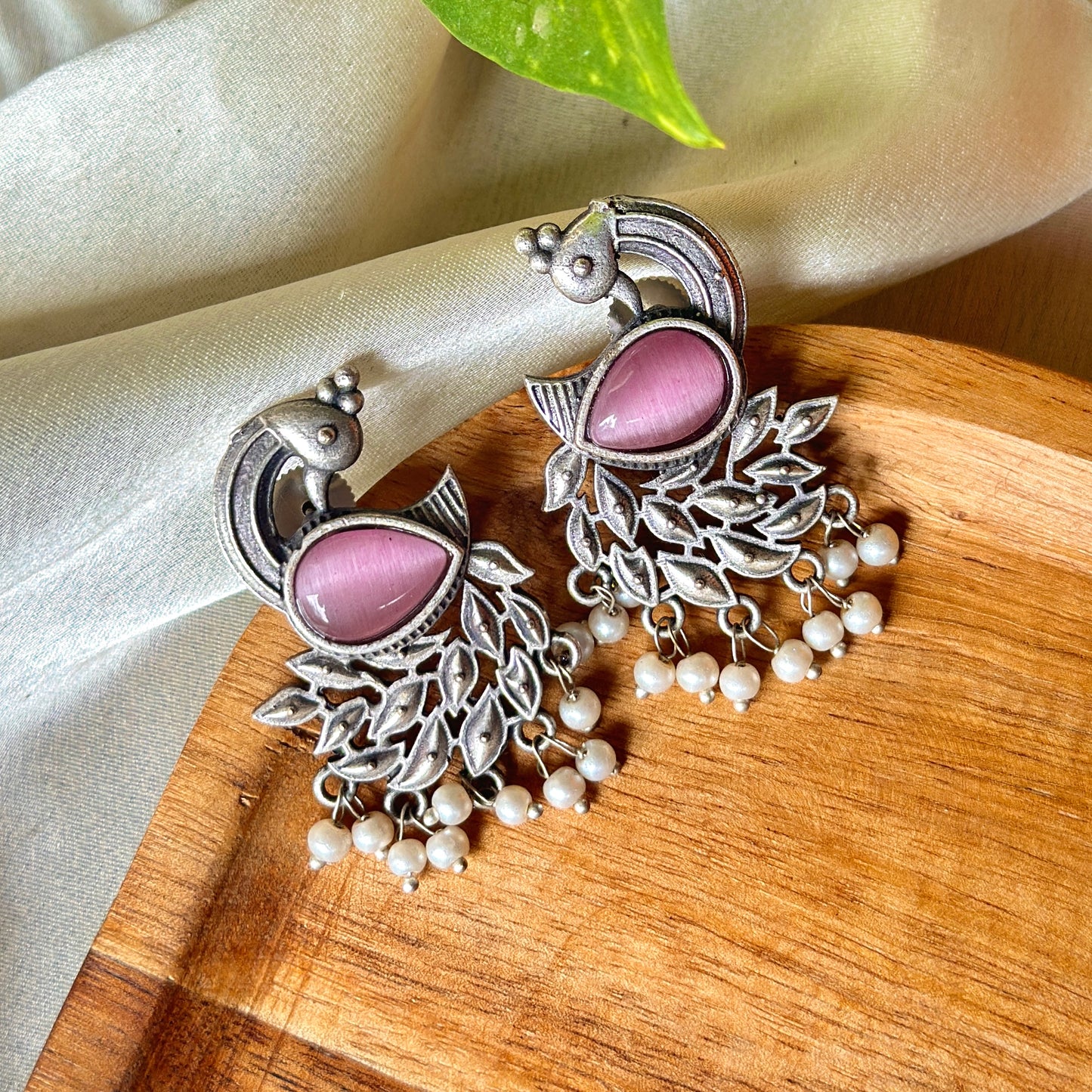 Peacock Monalisa Stone Silver Earrings - Bloom - By Sushmita