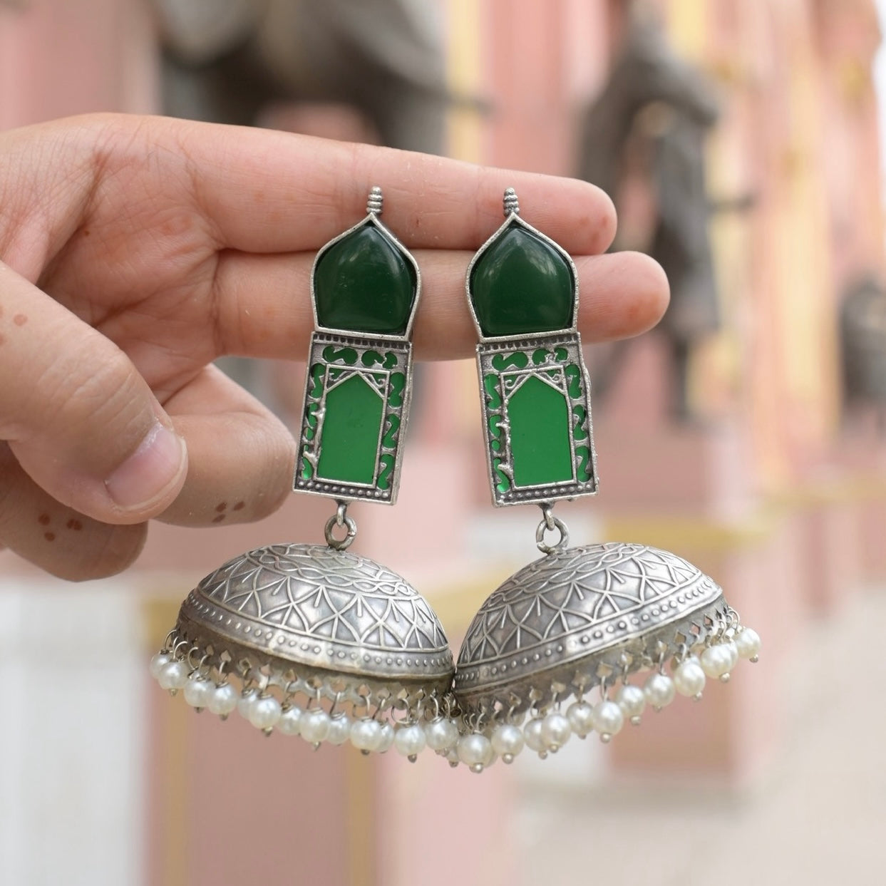 TAJ MAHAL | Monalisa Stone silver Jhumka with white pears n