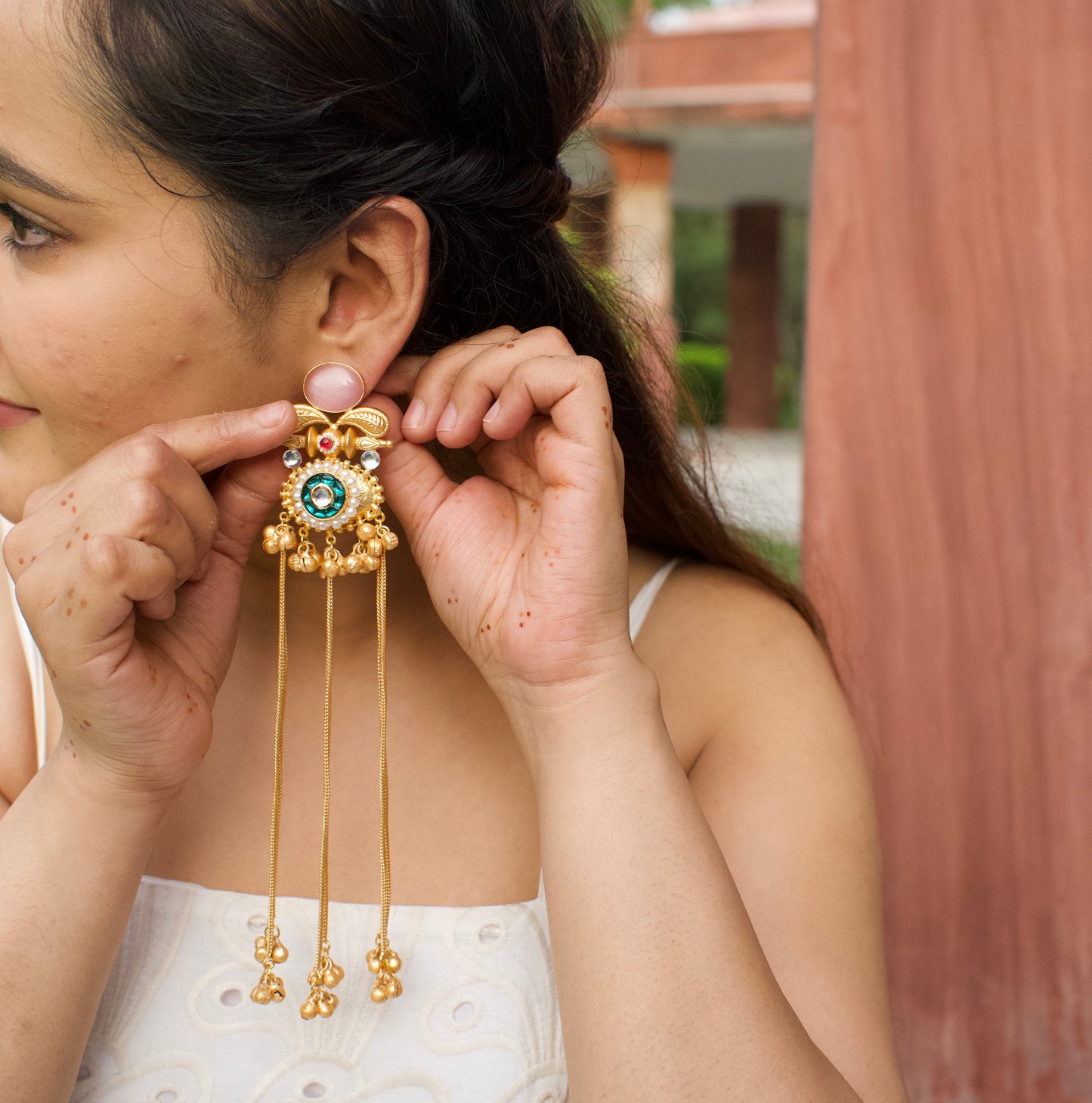 Monalisa Stone Golden Ghungru tassel Jhumka Earring