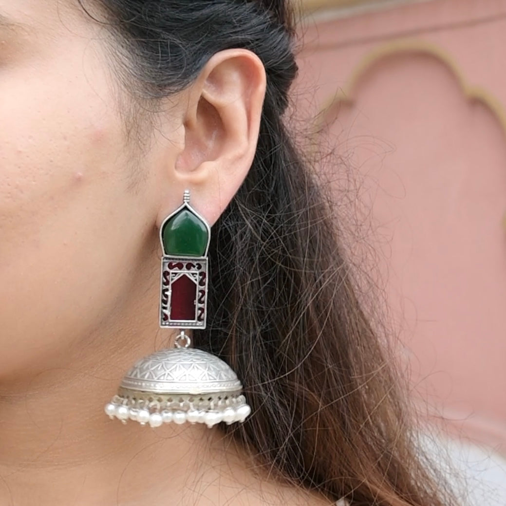 TAJ MAHAL | Monalisa Stone silver Jhumka with white pears n