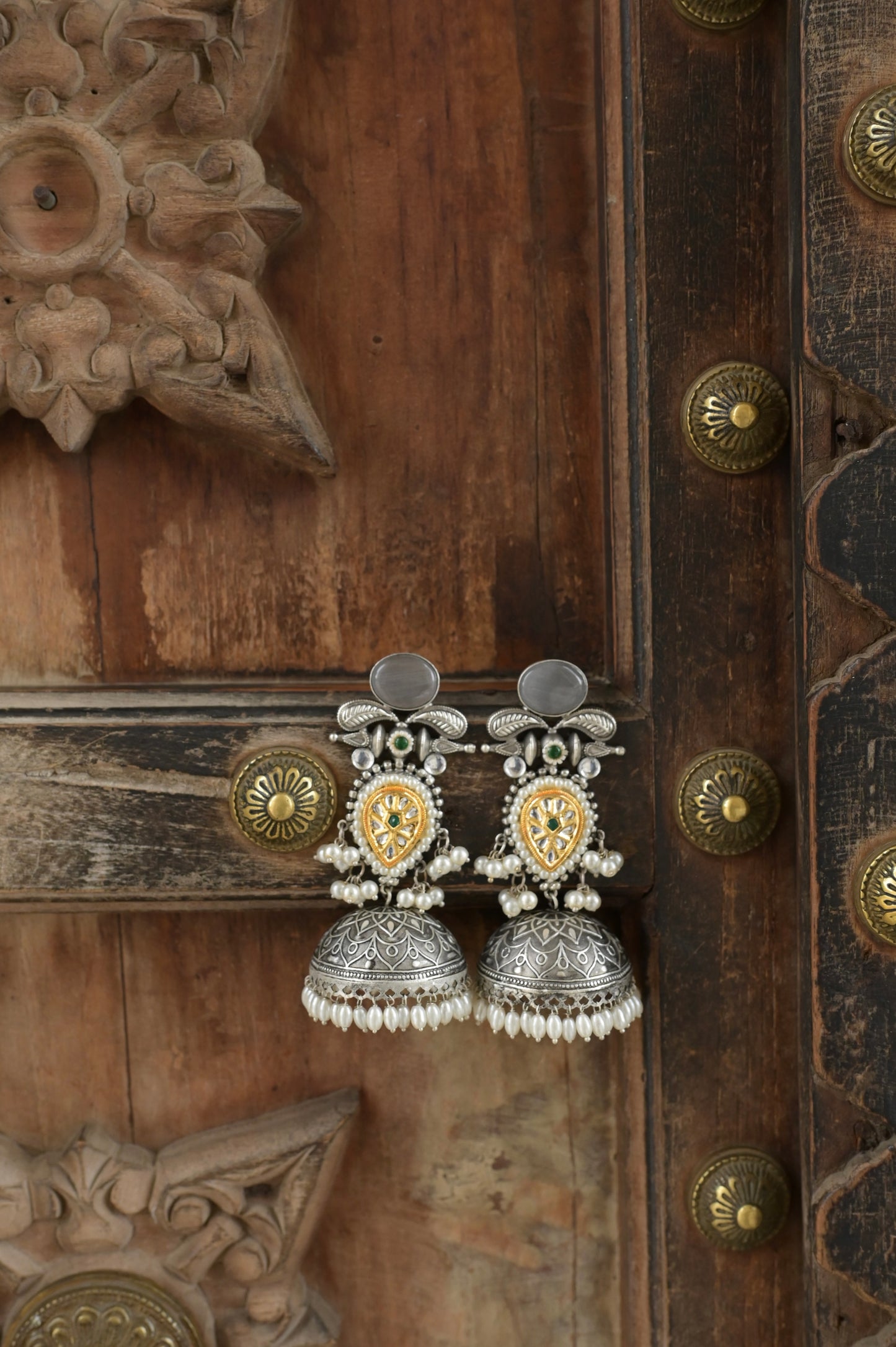 PATRIKA | Monalisa Stone silver Jhumka with white pears