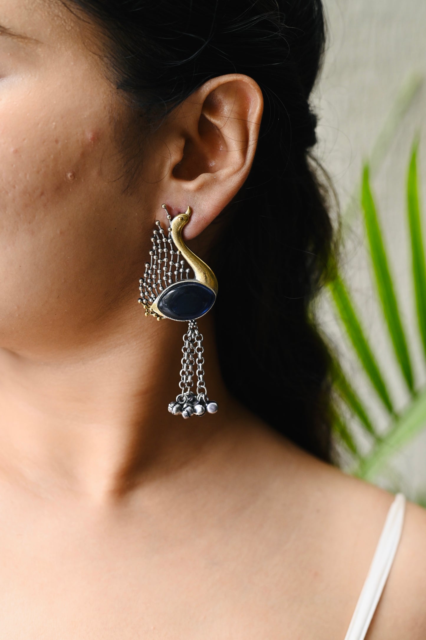 Dual tone peacock Monalisa Stone Earrings with tassel Ghungru