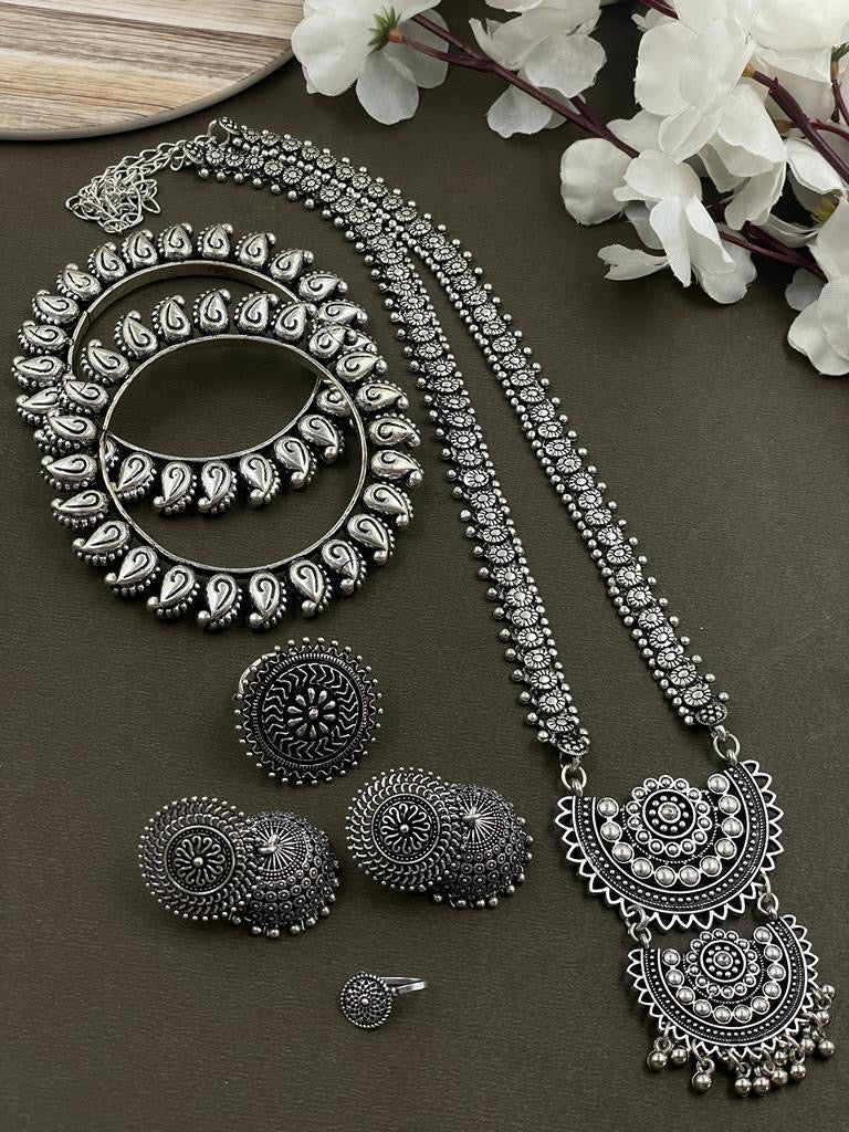 5-Piece Silver Necklace Combo Set oxidised German silver Jewelry Sets saree kurta Bloom - By Sushmita India Navratri Diwali Ganpati holi Eid
