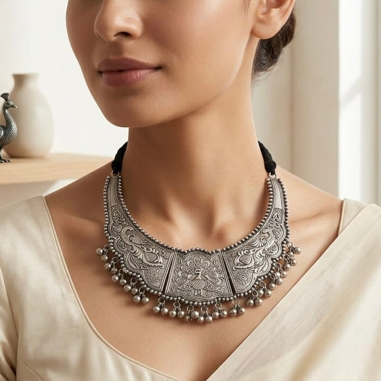 Silver-Plated Ghungroo Studded Oxidised necklace