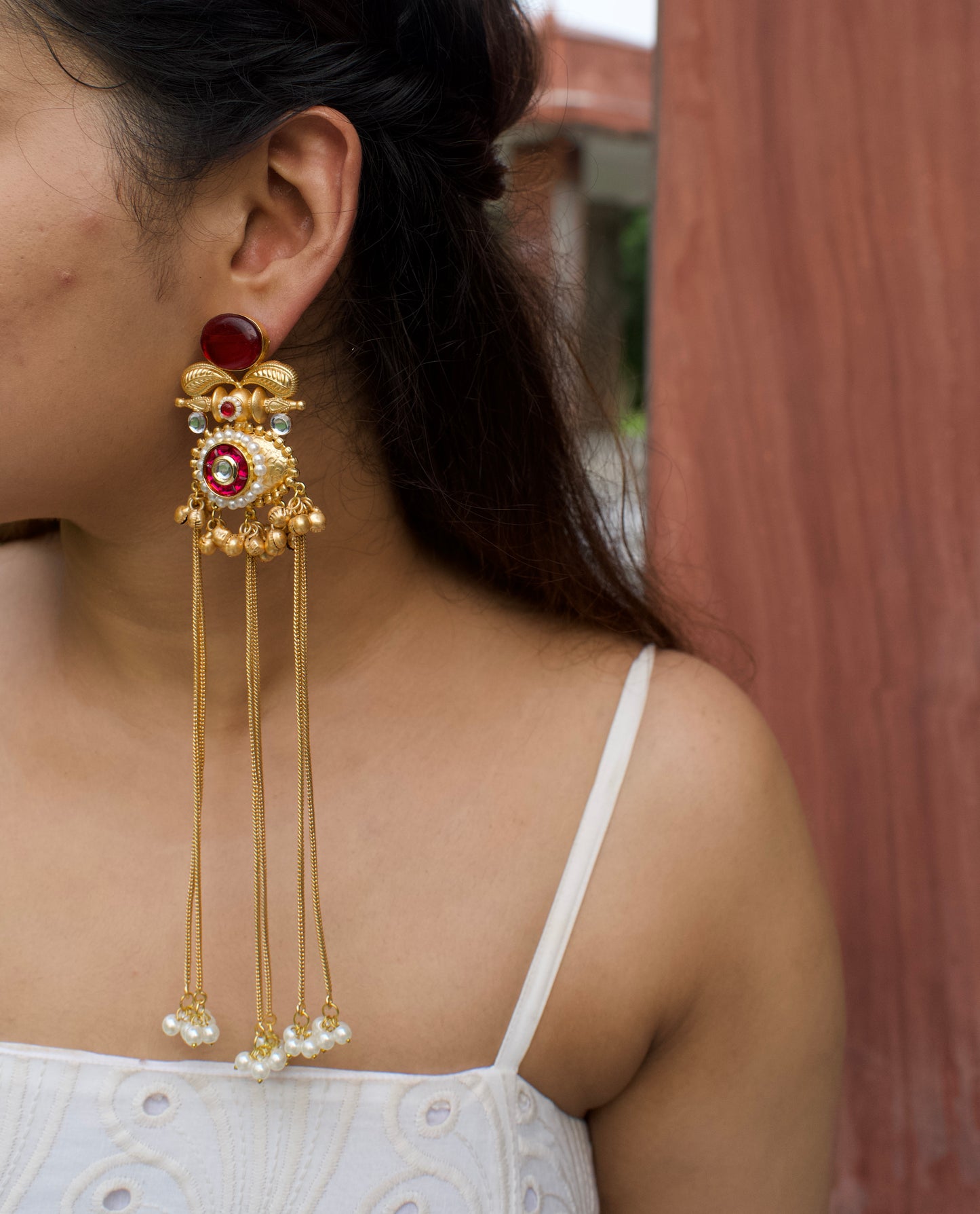 Monalisa Stone Golden Ghungru tassel Jhumka Earring