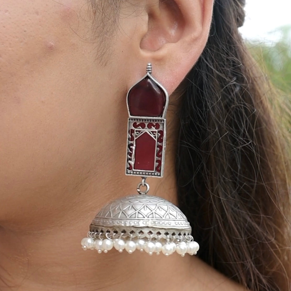TAJ MAHAL | Monalisa Stone silver Jhumka with white pears n