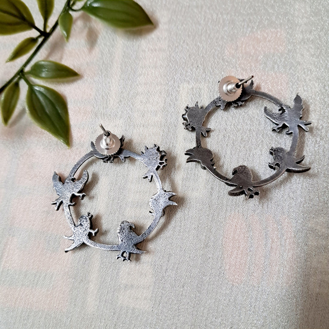 Silver Dancing bird Hoop with Studs Earrings - Bloom - By Sushmita