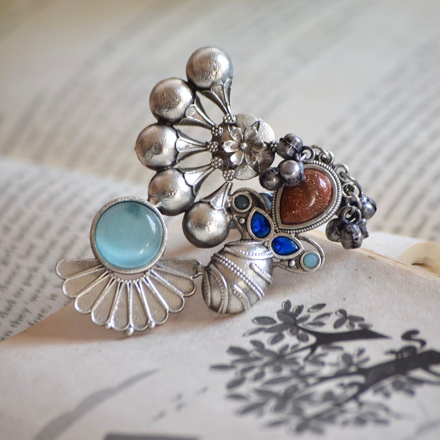 Fusion Ring oxidised German silver Rings saree kurta Bloom - By Sushmita India Navratri Diwali Ganpati holi Eid