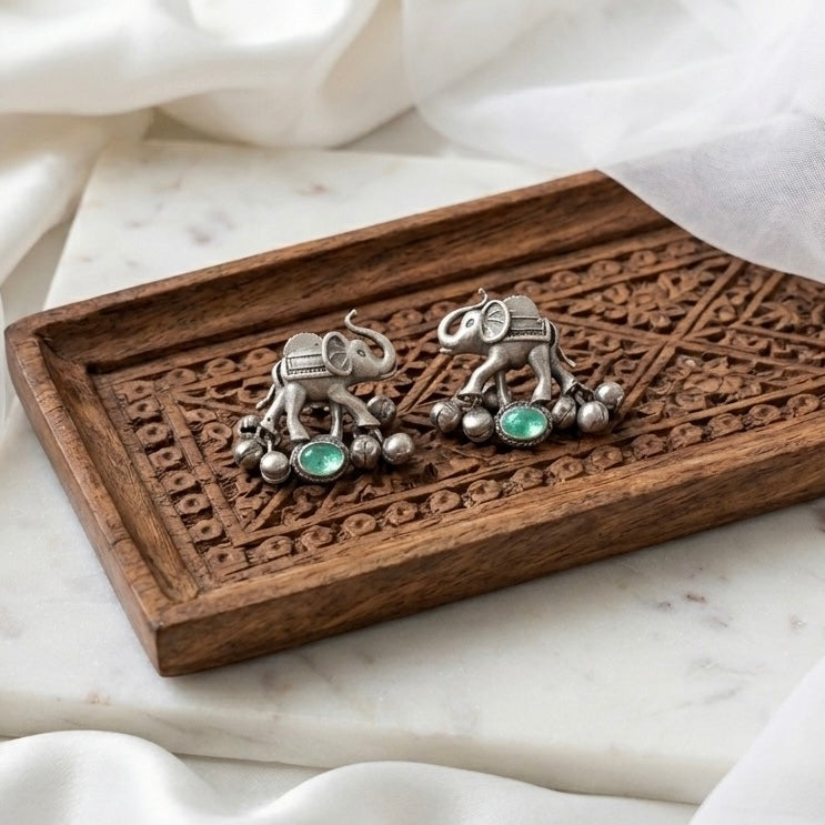 Elephant Silver Stud Earrings with color stones