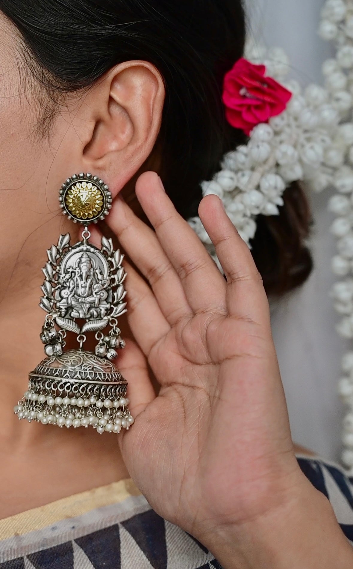 NOOR | silver with white pearl Long Jhumka - Bloom - By Sushmita