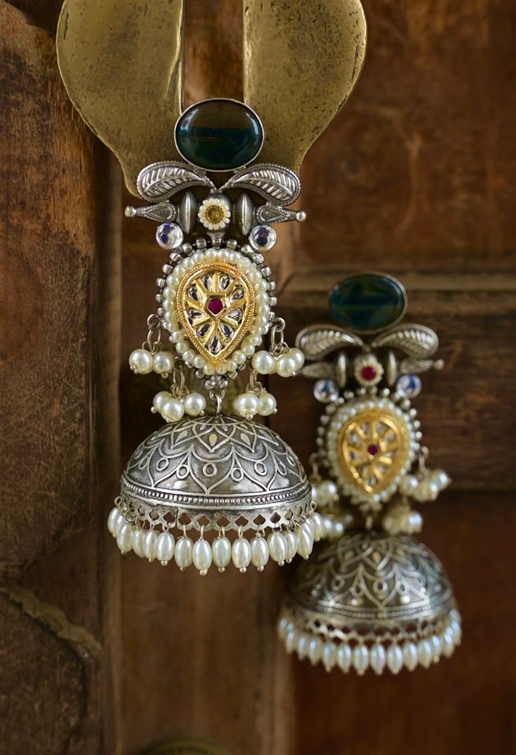 PATRIKA | Monalisa Stone silver Jhumka with white pears