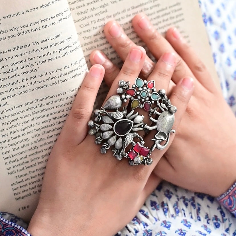 Fusion Ring oxidised German silver Rings saree kurta Bloom - By Sushmita India Navratri Diwali Ganpati holi Eid