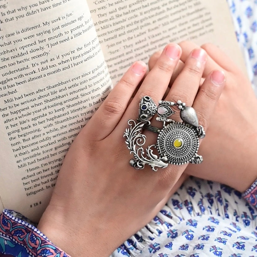 Fusion Ring oxidised German silver Rings saree kurta Bloom - By Sushmita India Navratri Diwali Ganpati holi Eid