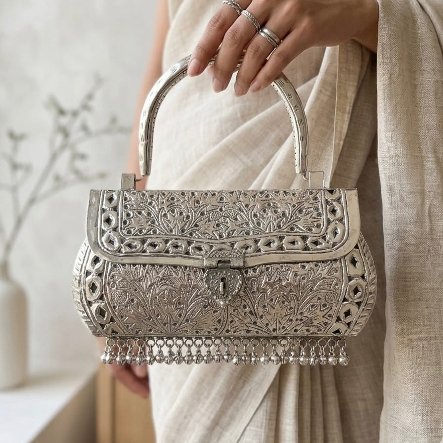 Chaandi bags | Silver purse oxidised German silver Handbags, Wallets & Cases saree kurta Bloom - By Sushmita India Navratri Diwali Ganpati holi Eid