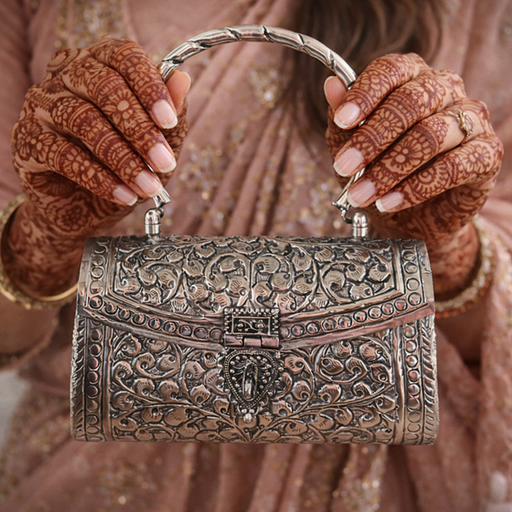 Brass Bag | Handcrafted Brass Metal Ethnic Clutch Bag | Bloom By Sushmita