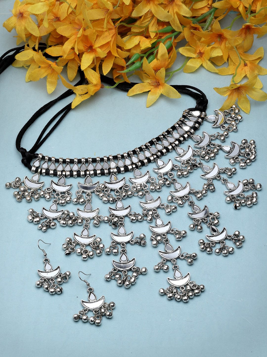 Mirror Studded Handcrafted Tasselled Design Oxidised Silver Plated Afghan Necklace Jewellery Set