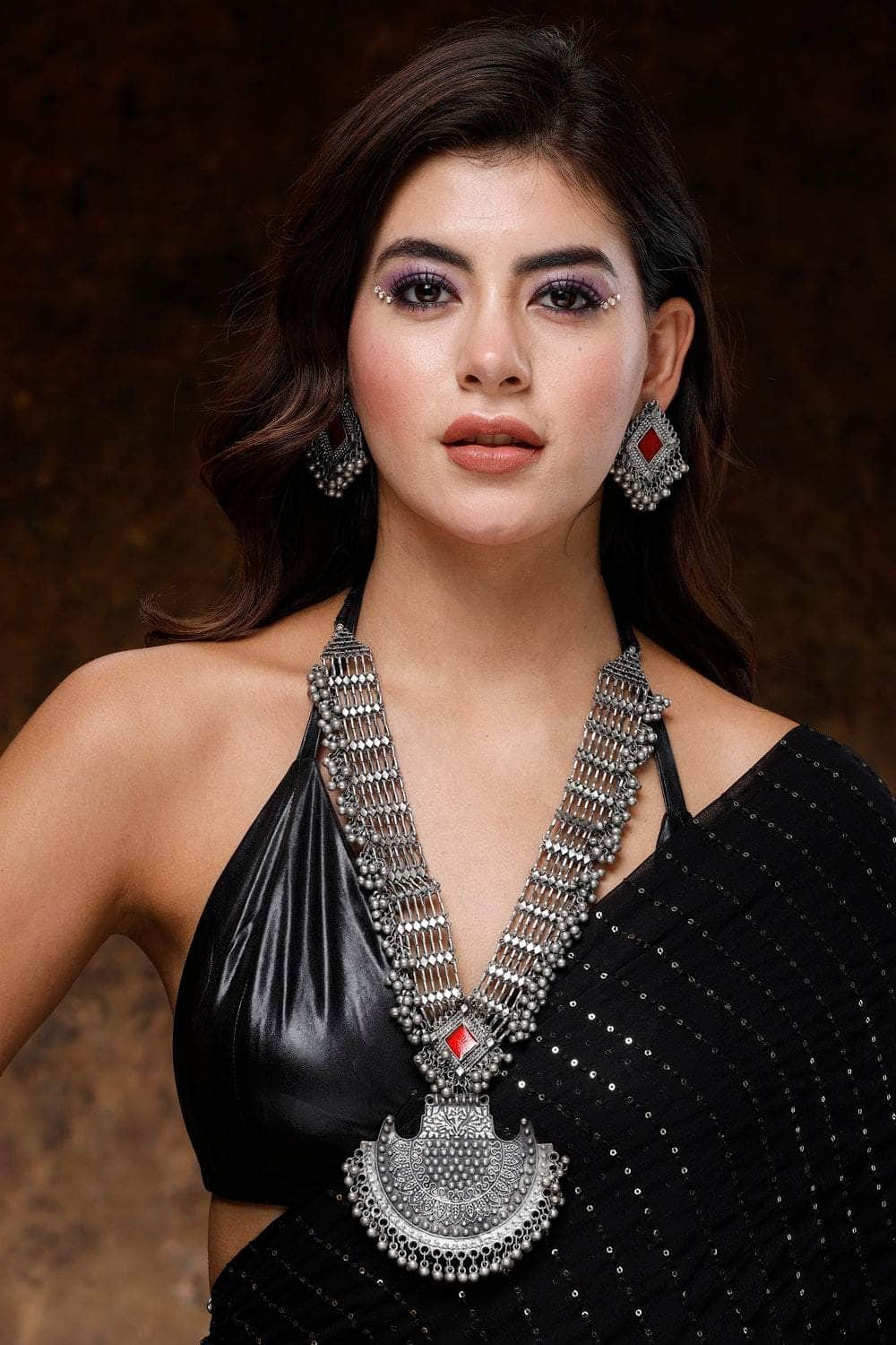 Silver-Plated Brass Handcrafted Tasselled Antique Design Oxidised Necklace Jewellery Set
