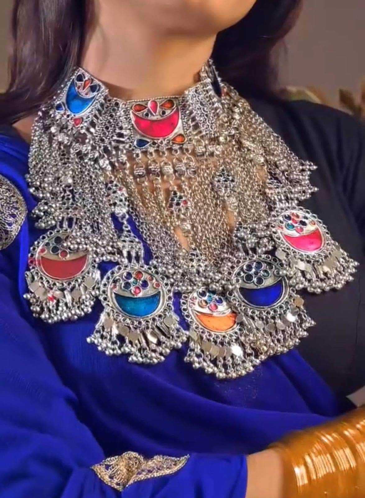 Meenakari Work Afghan Tribal Design Oxidised Silver Plated Handcrafted Necklace