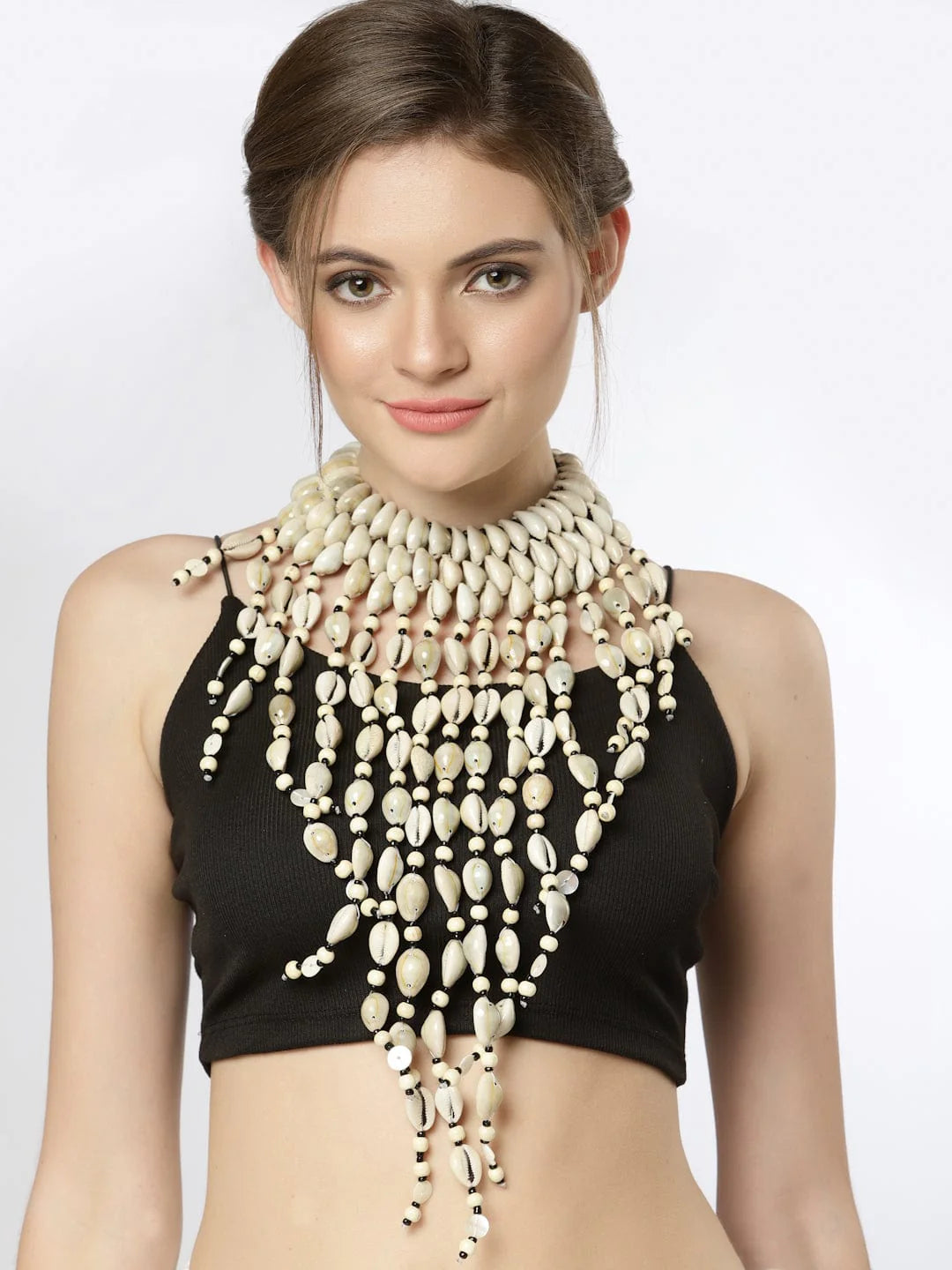 Silver-Toned & Off White Brass Silver-Plated Bohemian Cowri Necklace