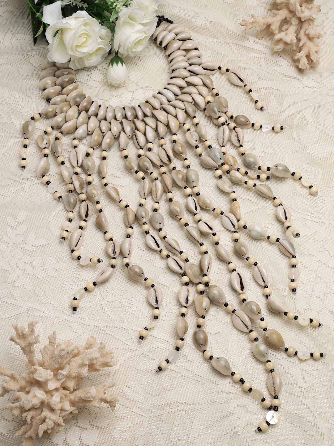 Silver-Toned & Off White Brass Silver-Plated Bohemian Cowri Necklace