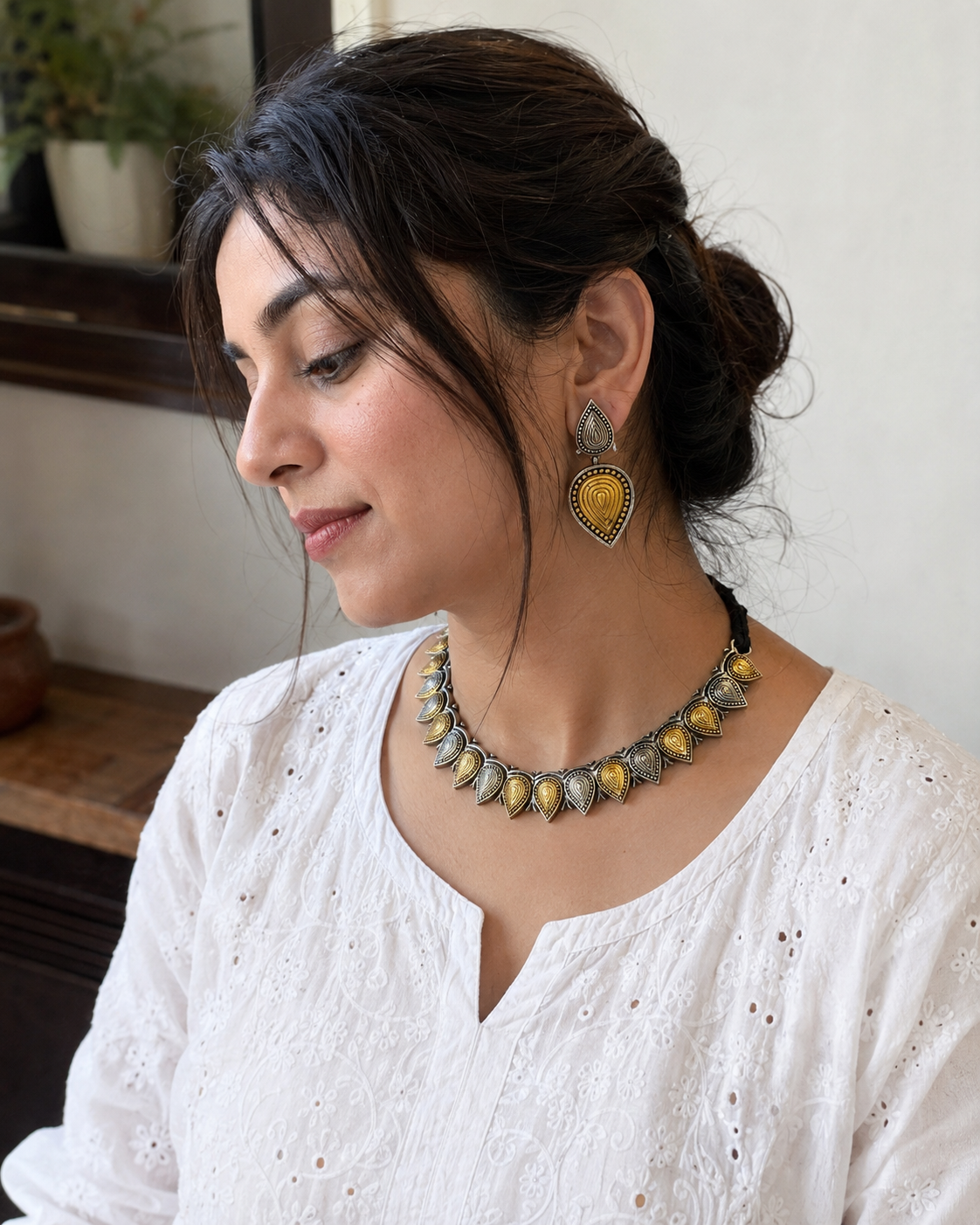 Dual tone german silver & Golden Necklace Set with earrings | Traditional Jewellery | Bloom By Sushmita