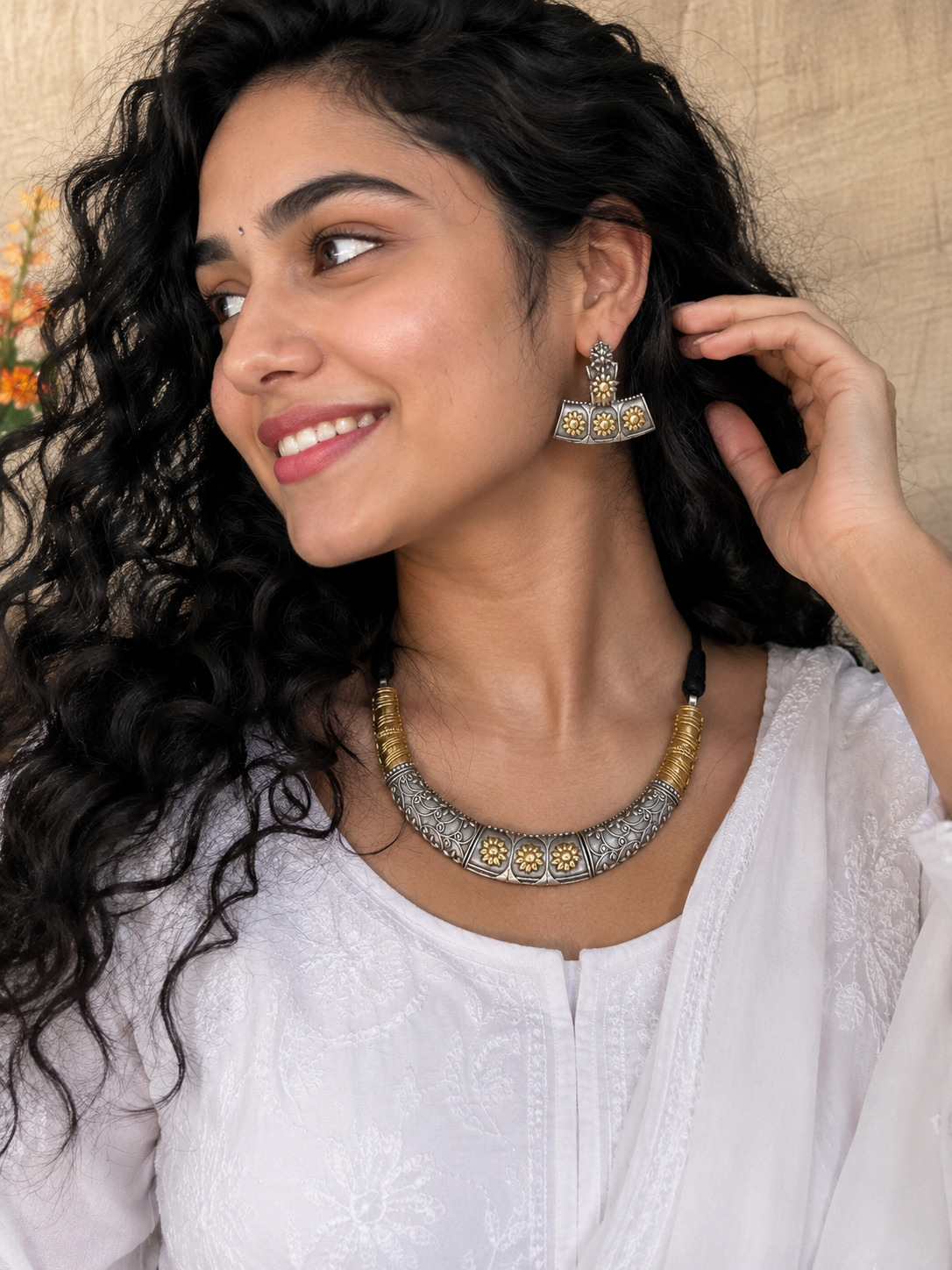 Dual tone german silver & Golden Necklace Set with earrings | Traditional Jewellery | Bloom By Sushmita