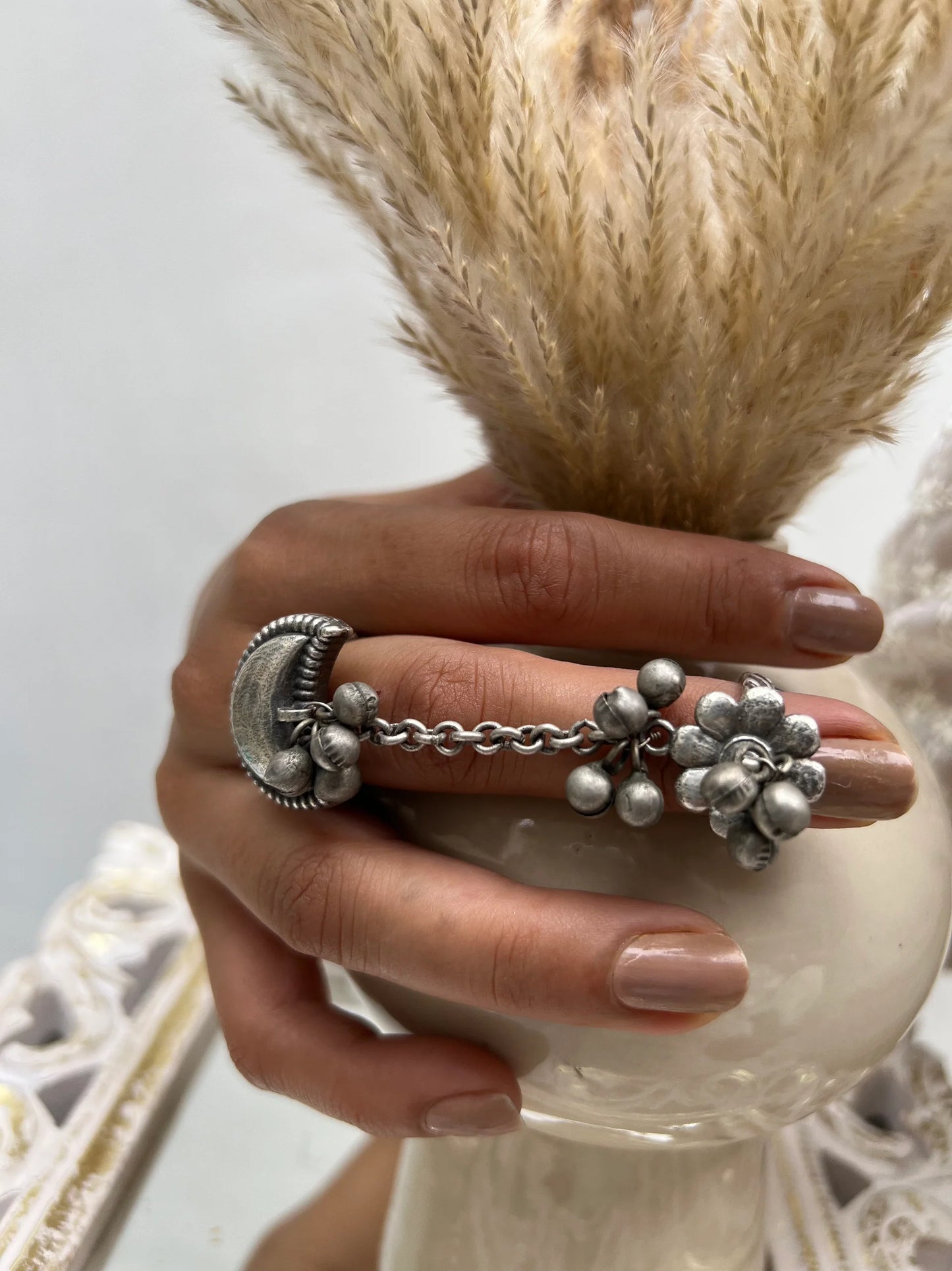 Chandraa Silver chain dual ring - Bloom - By Sushmita
