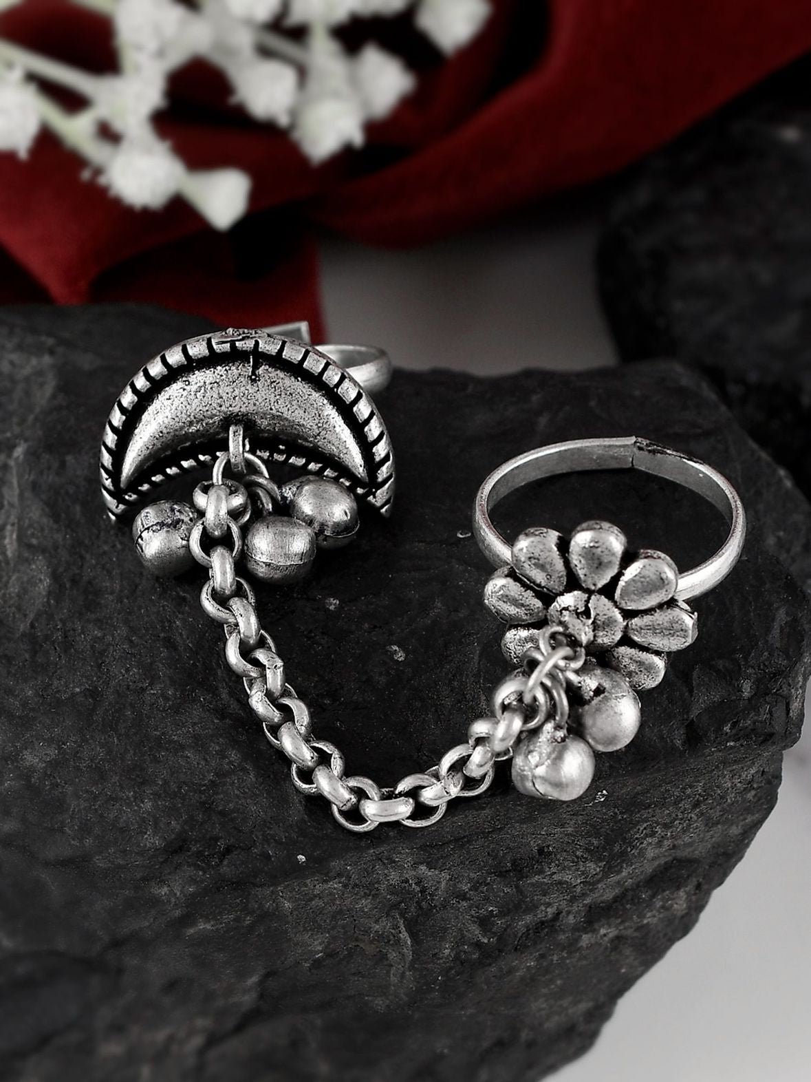 Chandraa Silver chain dual ring - Bloom - By Sushmita