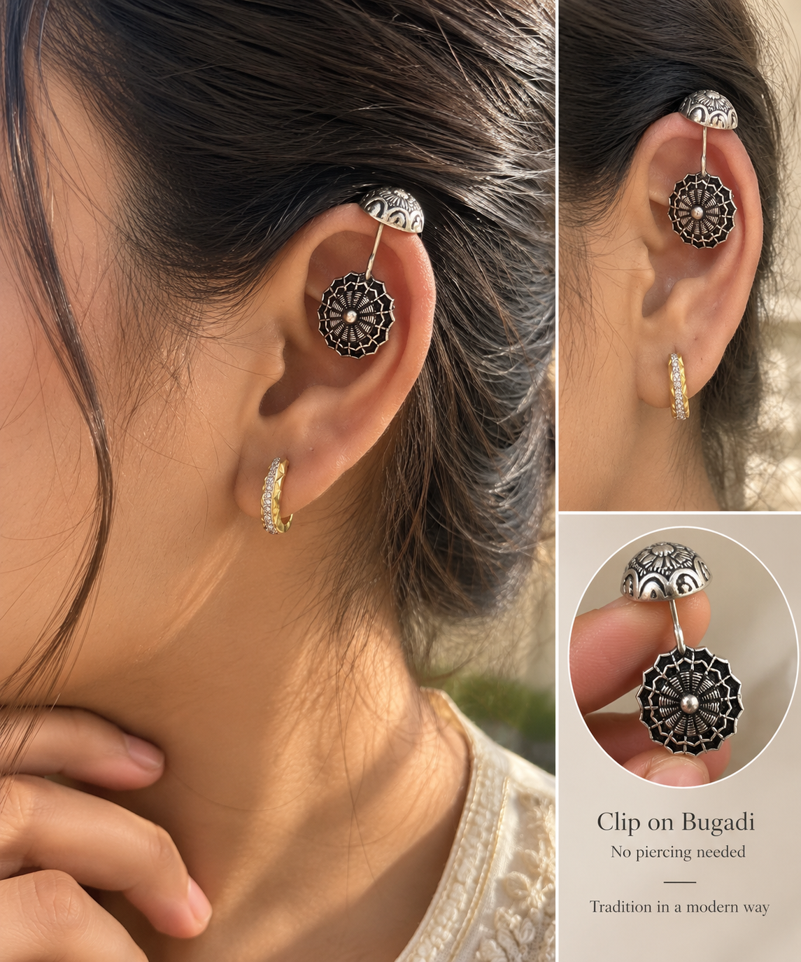 Clip on silver bugadi | Non piercing Ear cuffs | Earrings