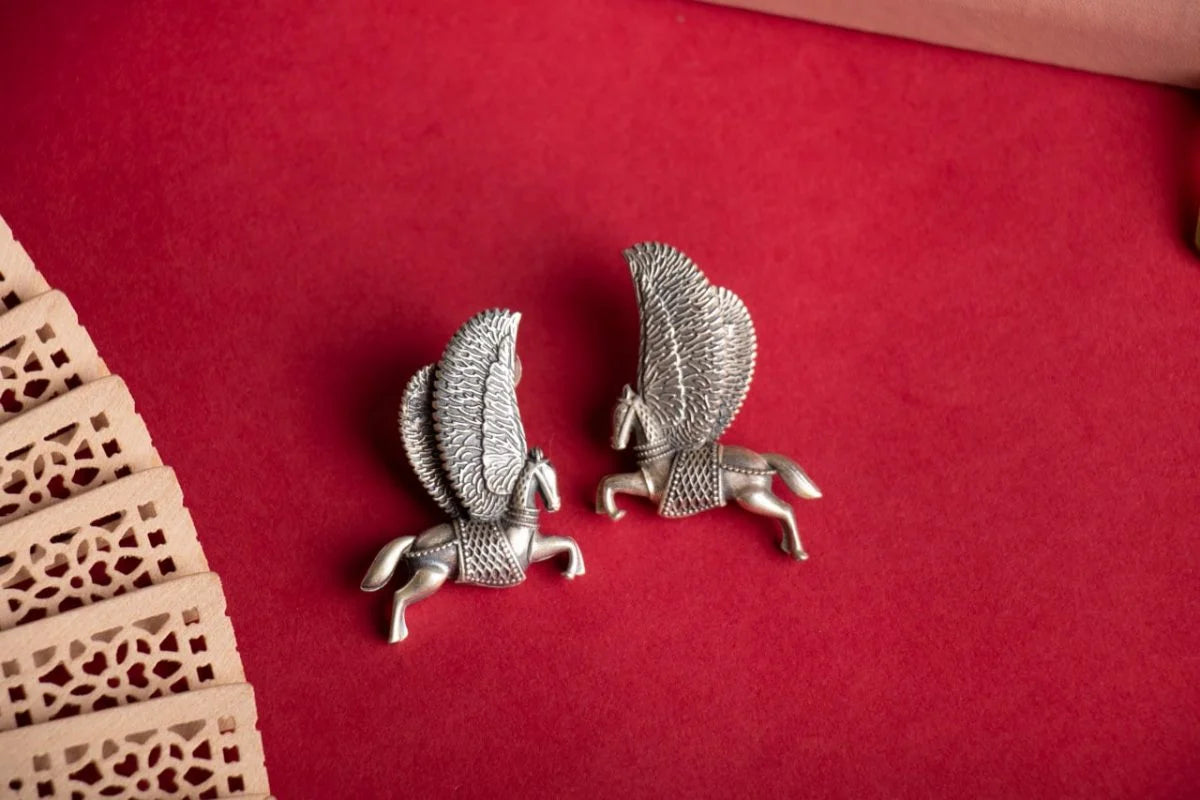Chaandi Ghoda | the Silver horse Earring oxidised German silver saree kurta Bloom - By Sushmita India Navratri Diwali Ganpati holi Eid