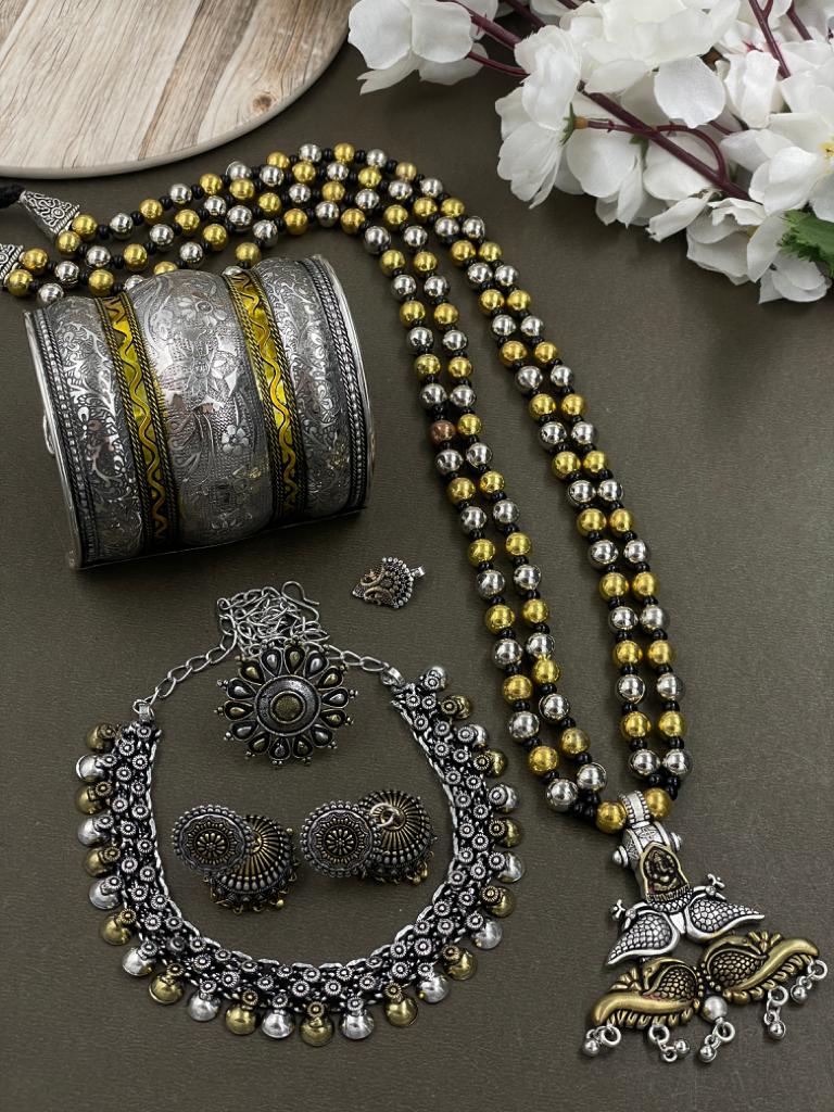 6-Piece Silver Necklace Combo Set oxidised German silver Jewelry Sets saree kurta Bloom - By Sushmita India Navratri Diwali Ganpati holi Eid