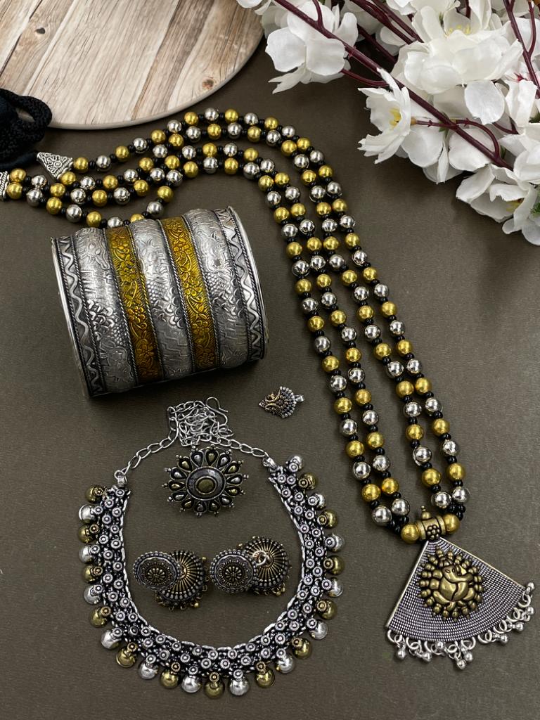 6-Piece Silver Necklace Combo Set oxidised German silver Jewelry Sets saree kurta Bloom - By Sushmita India Navratri Diwali Ganpati holi Eid