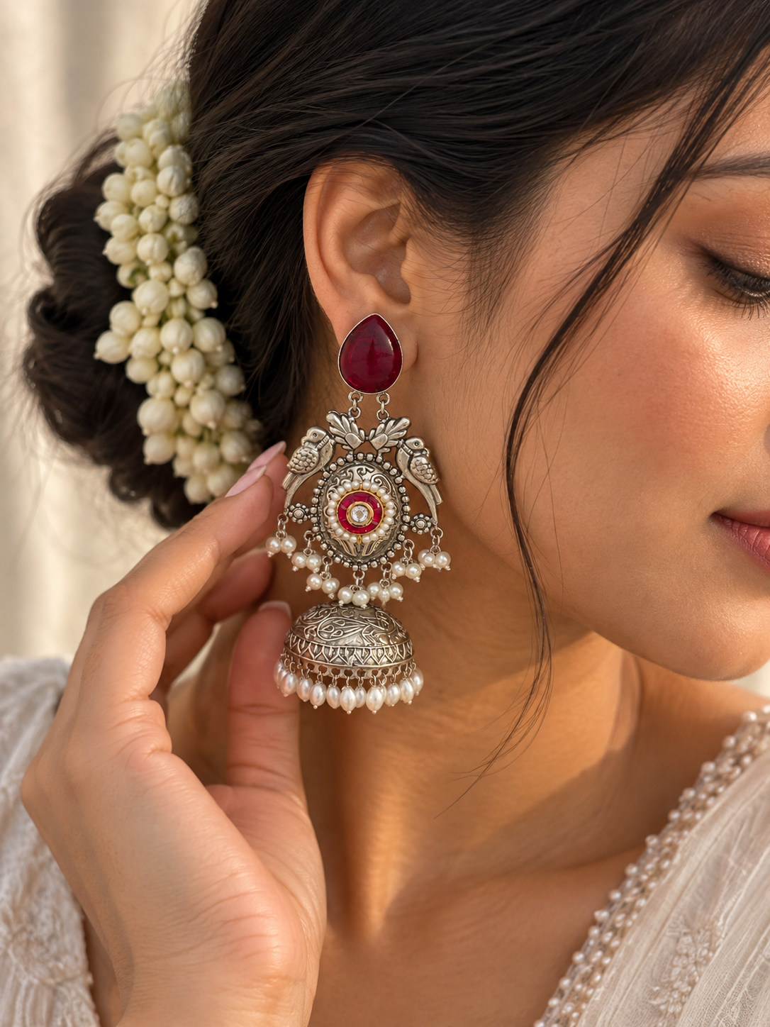 NOOR | silver with white pearl Long Jhumka