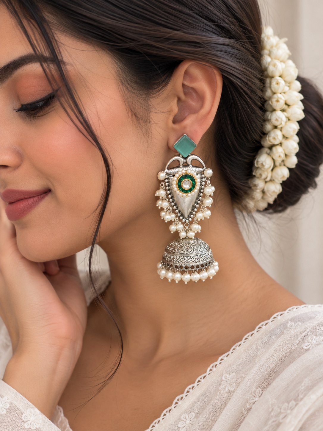 NOOR | silver with white pearl Long Jhumka