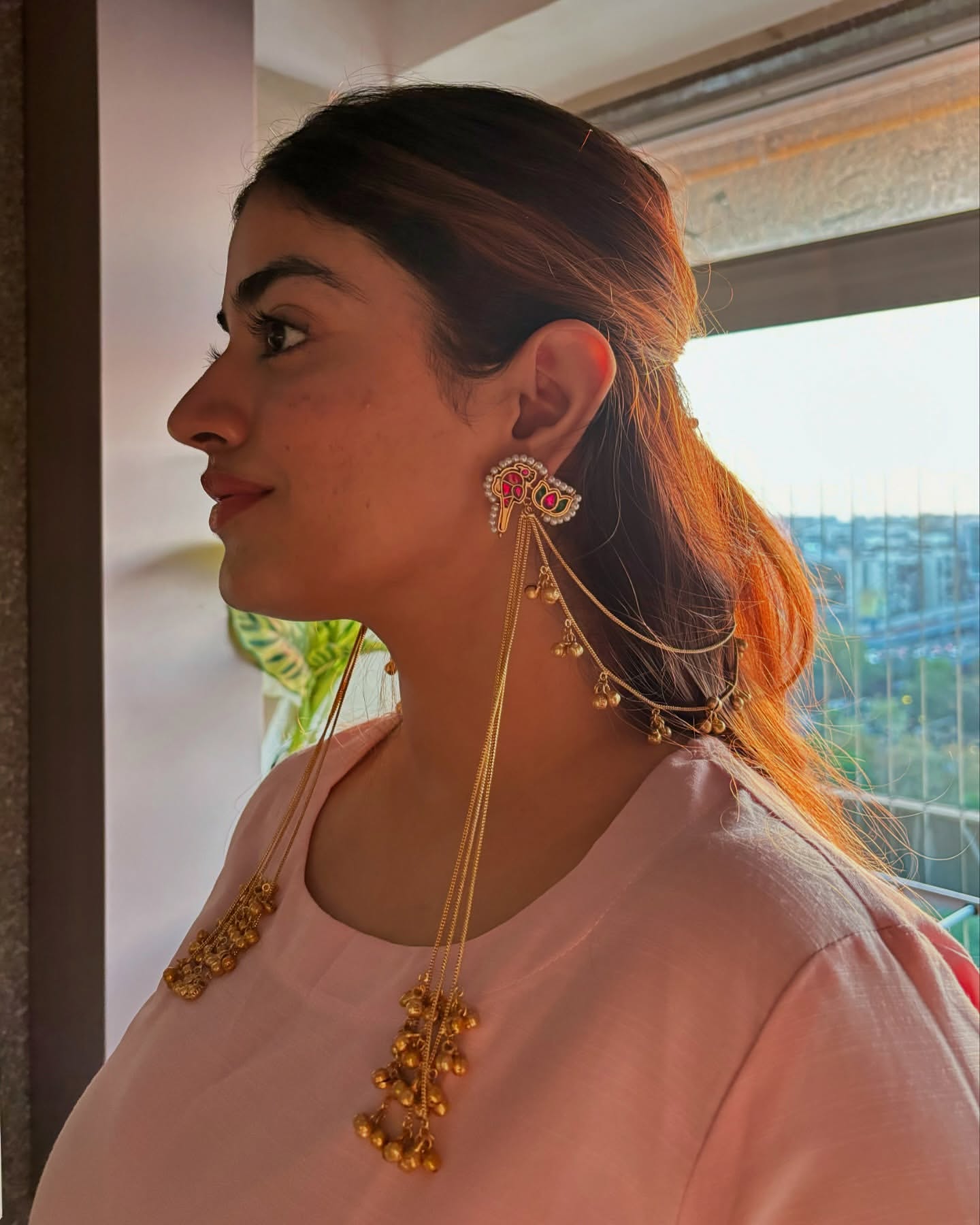 Kashmiri Jhumka with Earchain | Golden Ghungru tassel Jhumka Earringi