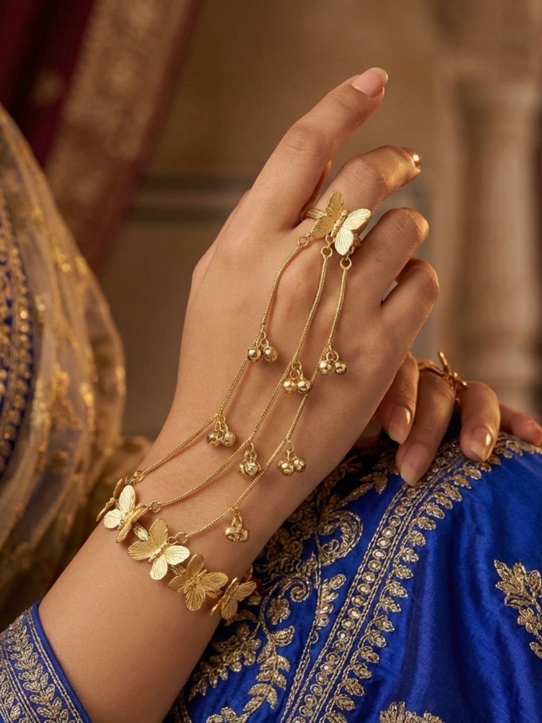 Golden Ghungroo Brass Hathphool | Hand Jewelry | alia bhatt Cannes style